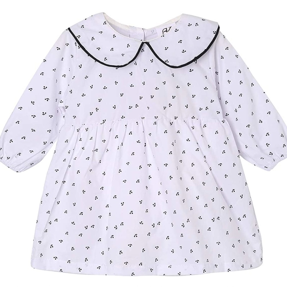 NEW Elegant Baby Girl Dress (White and Blue Cherries), M (6-12 Months